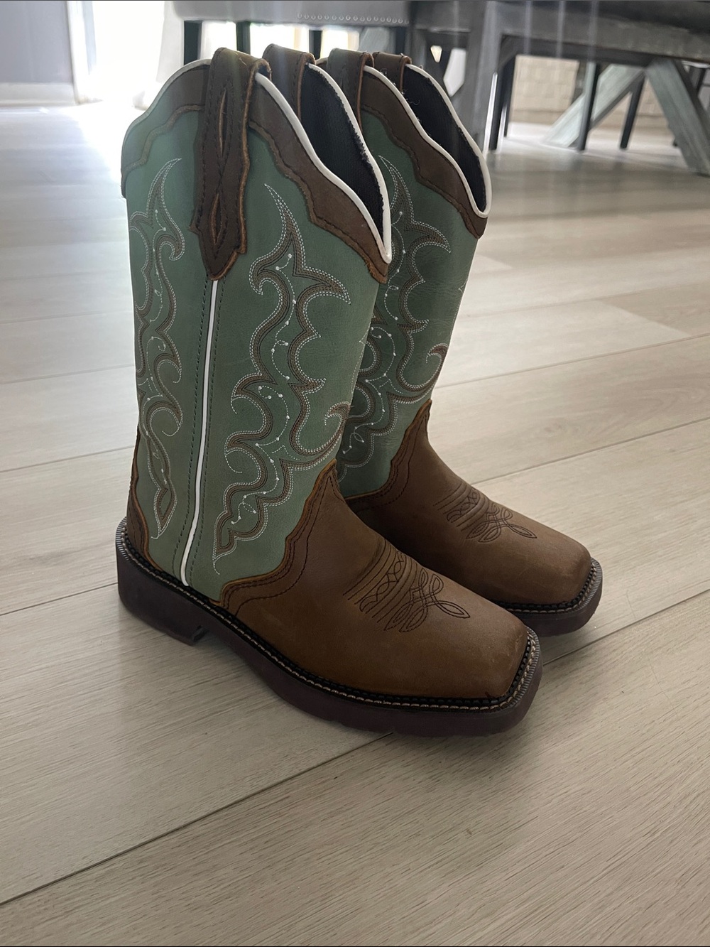 Justin Boots Brown Leather Foot and Sage Green Stitching Tall Western Boots